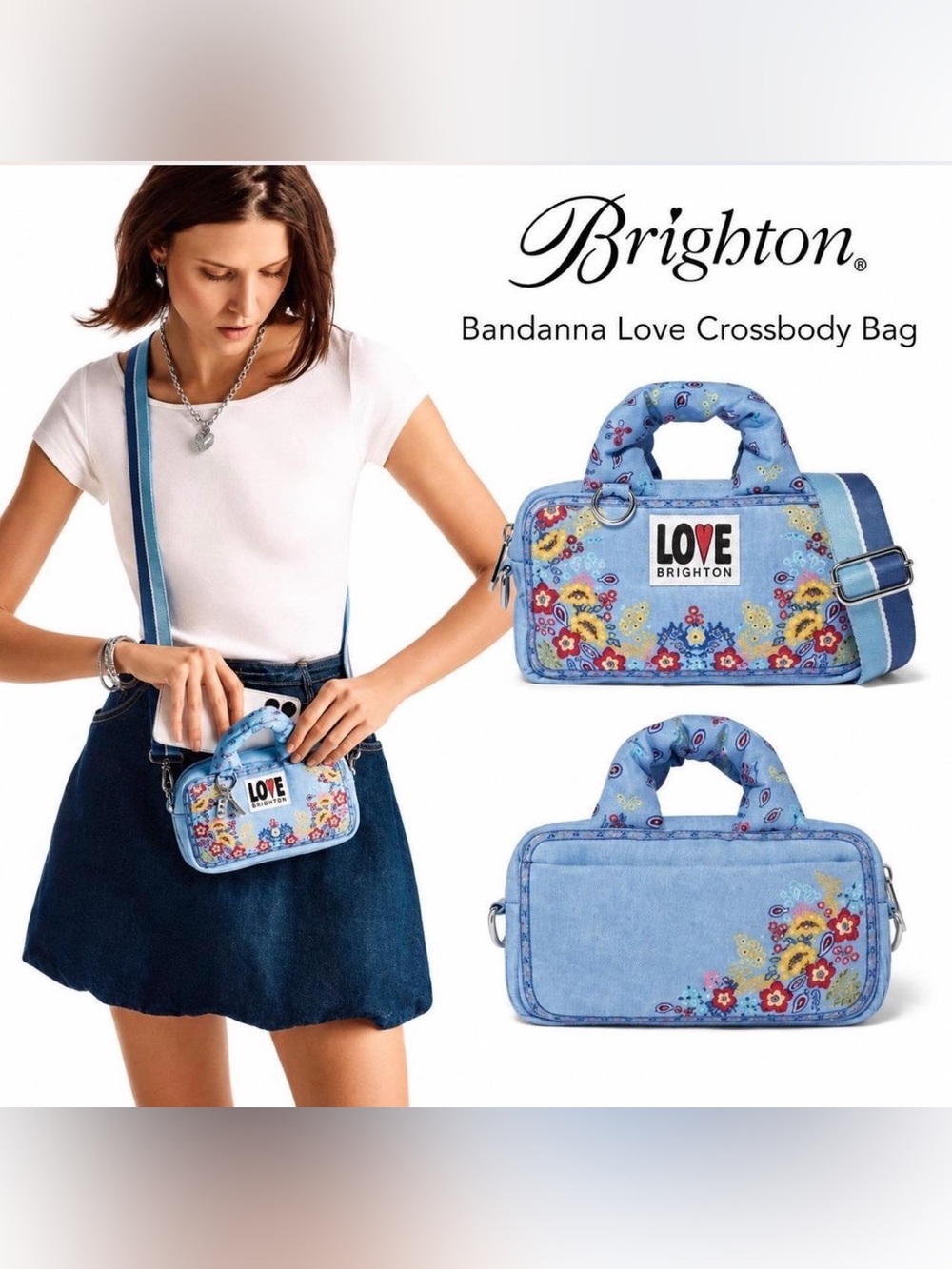Brighton Light Blue Bandana Love Floral Crossbody Bag - Picture 2 of 10